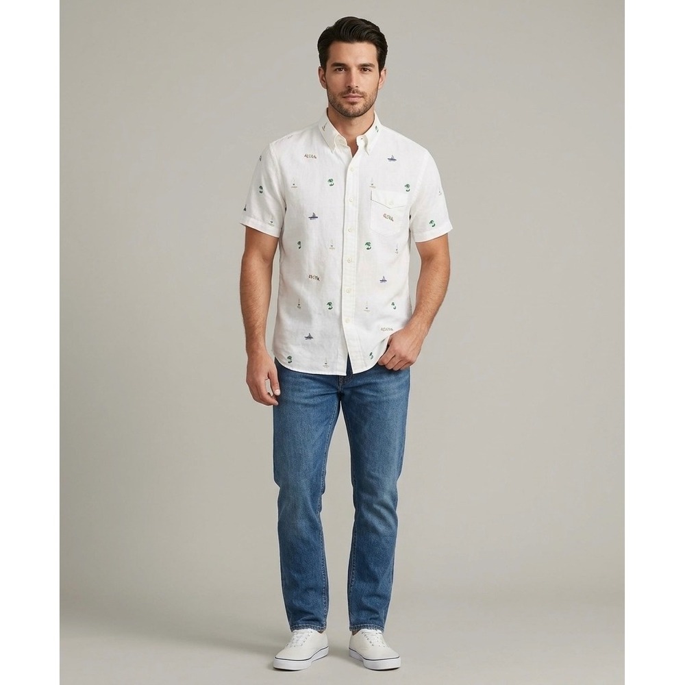 Polo Ralph Lauren Mens L White Aloha Embroidered Short Sleeve Button‎ Down Shirt